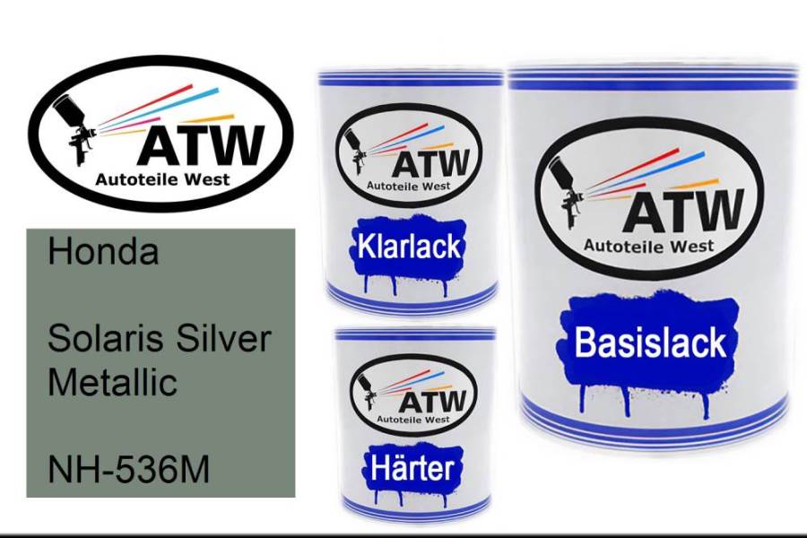 Honda, Solaris Silver Metallic, NH-536M: 1L Lackdose + 1L Klarlack + 500ml Härter - Set, von ATW Autoteile West.